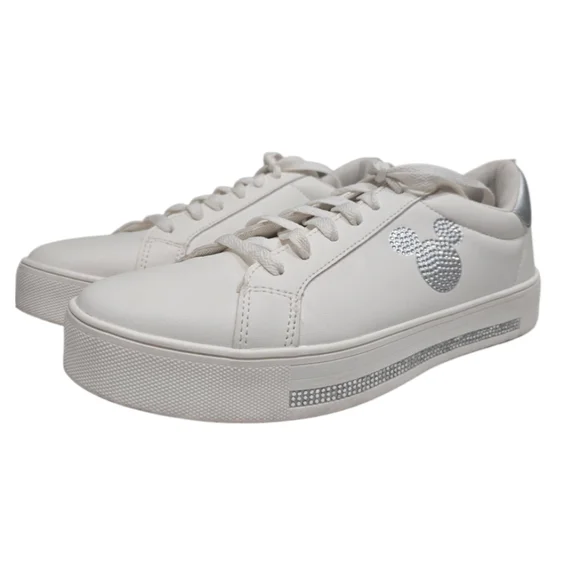 Disney Primark White Rhinestone Mickey Mouse Sneakers Women's Size 9 Silver Trim - Picture 5 of 11